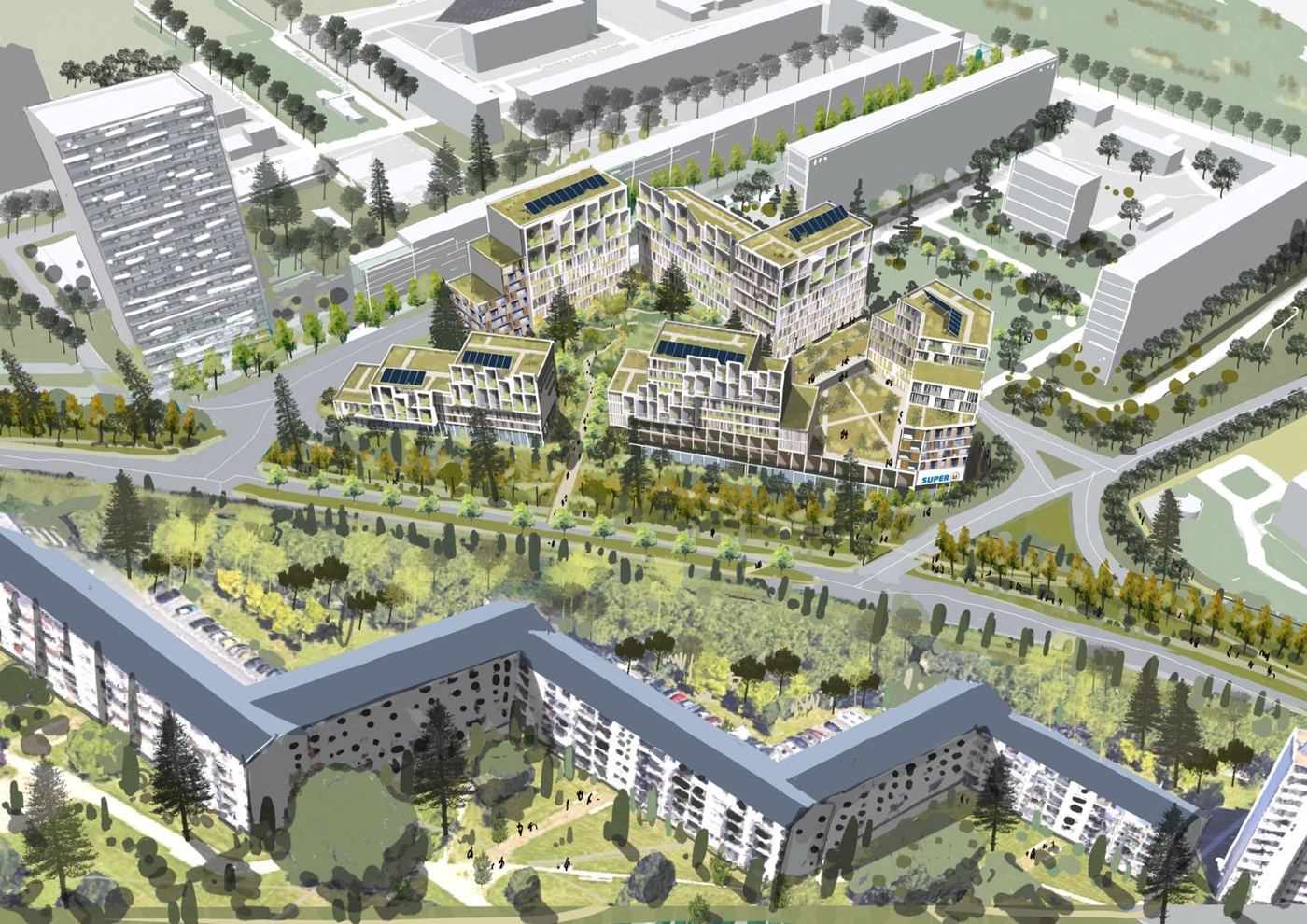 Vue aérienne d'un écoquartier dessinée à la main — OXXO Studio