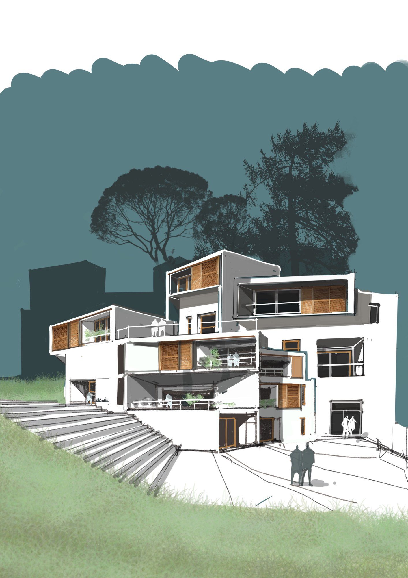Villa contemporaine à flanc de pente, dessin — OXXO Studio