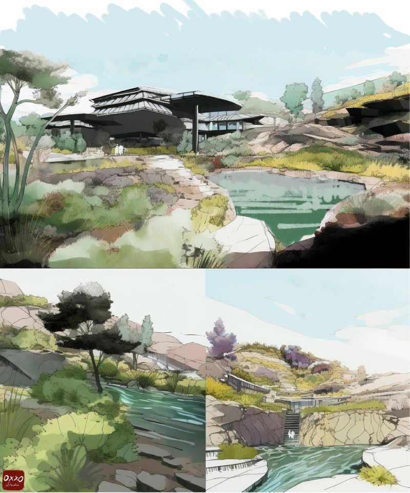 Illustration d'architecture & paysagisme à main levée — OXXO Studio