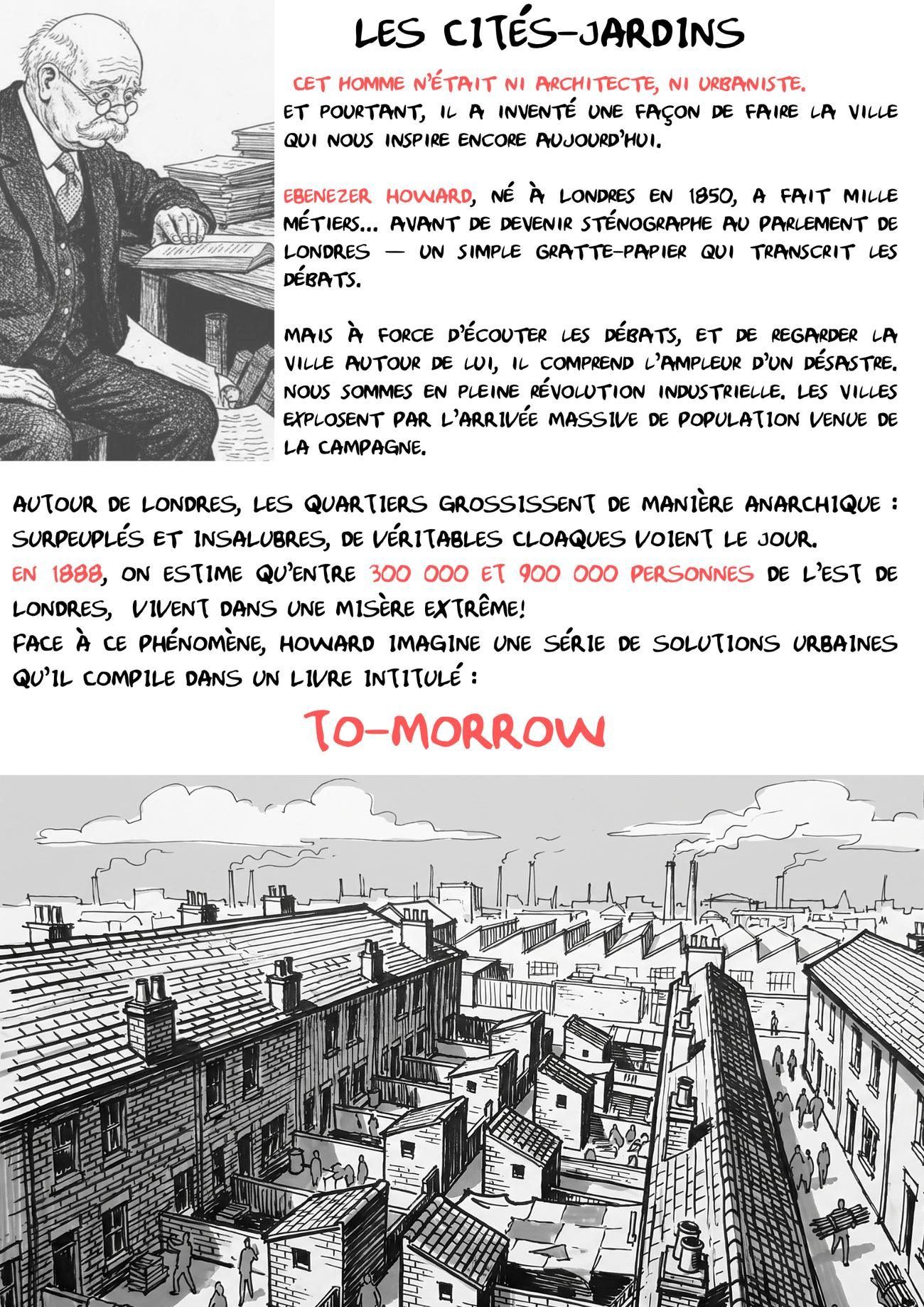Planche illustrée : Howard et les taudis de Londres, le livre To-Morrow — OXXO Studio