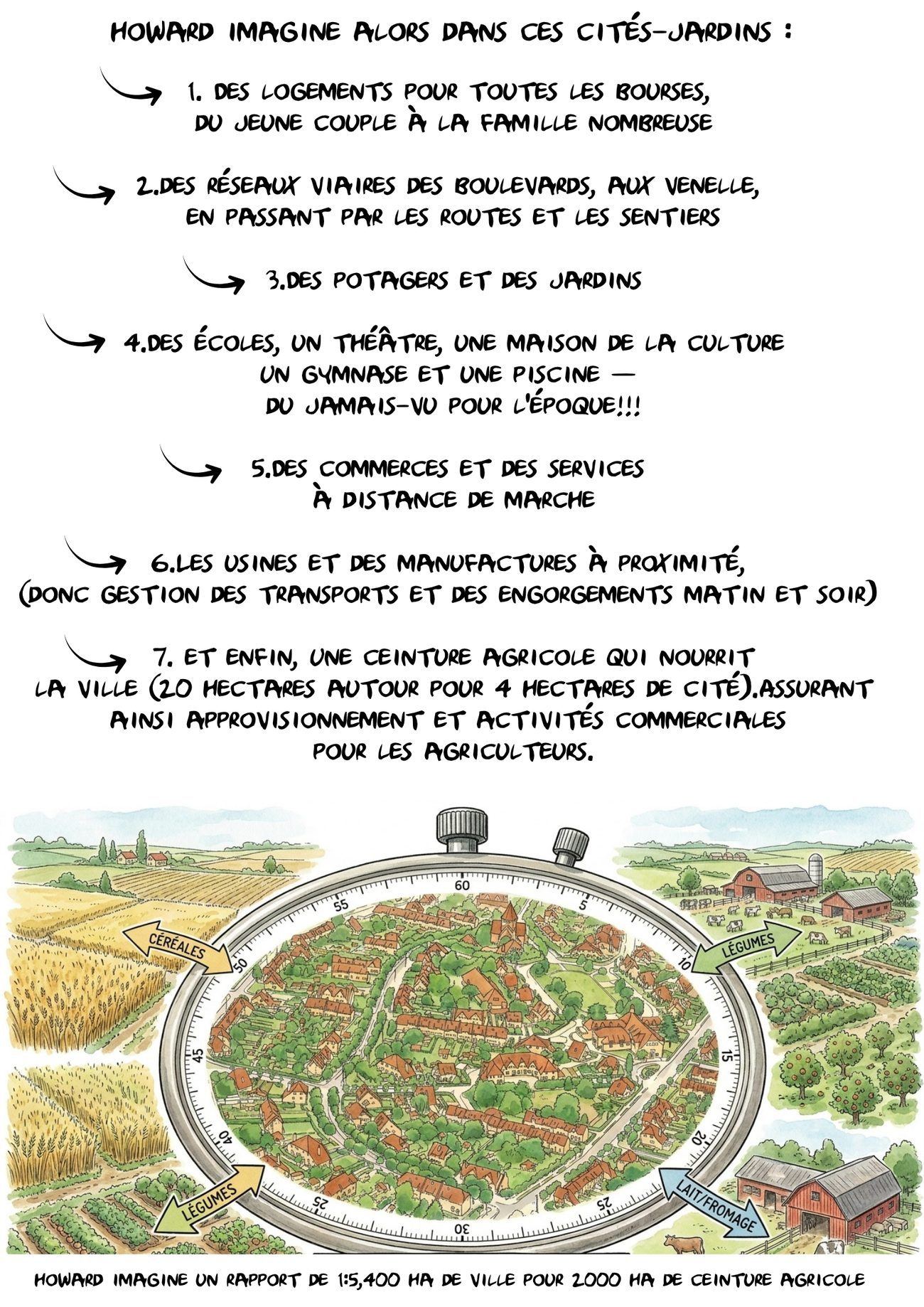 Planche illustrée : les sept principes de la cité-jardin et la ceinture agricole — OXXO Studio