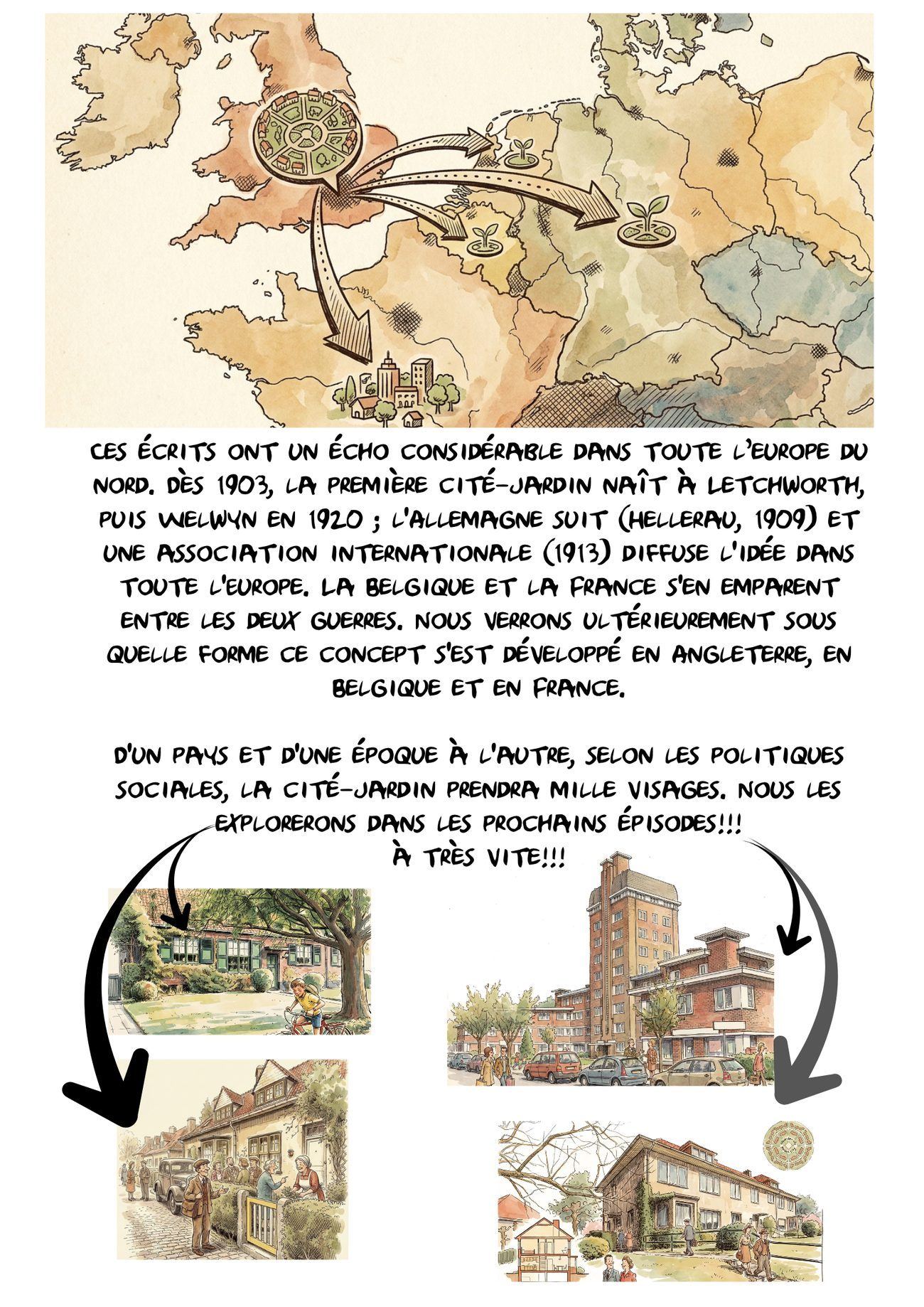 Planche illustrée : la diffusion de la cité-jardin en Europe — OXXO Studio