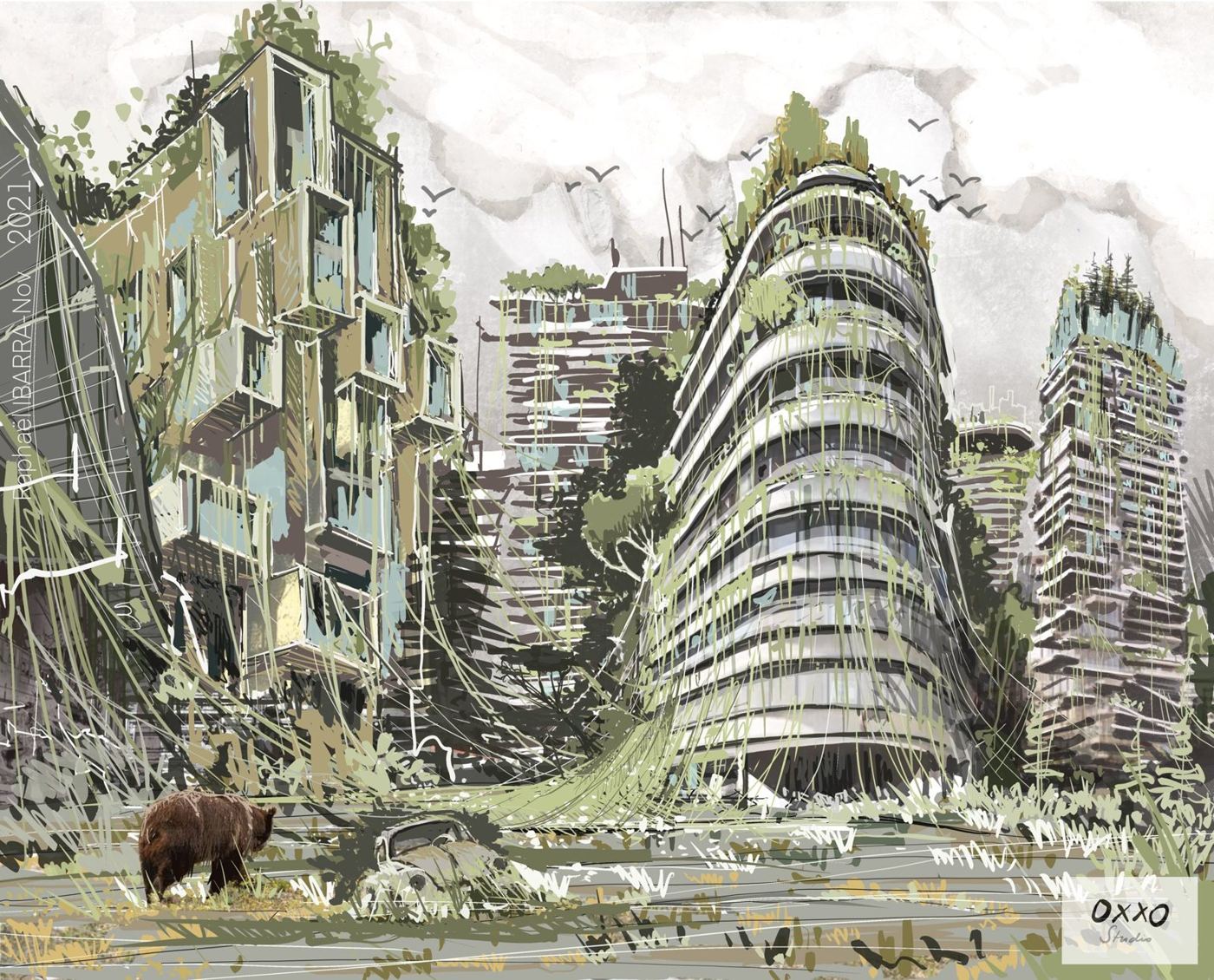 Ville végétalisée, nature reprenant la ville — concept art, OXXO Studio