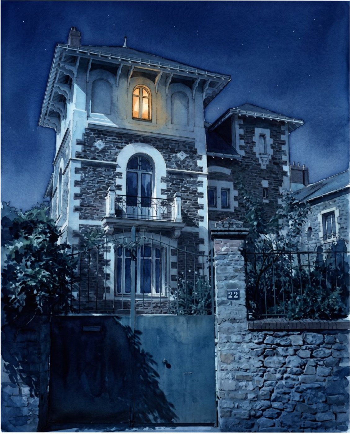 illustration encadrée — maison dessinée à la main, perspective de nuit