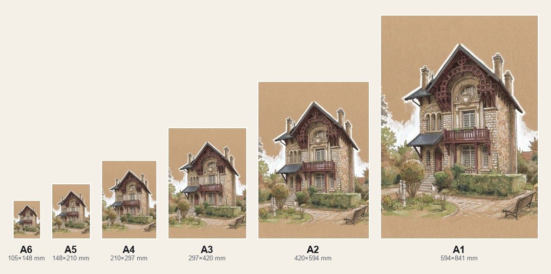 Un même dessin décliné du A6 (carte postale) au A1 (grand format mural)