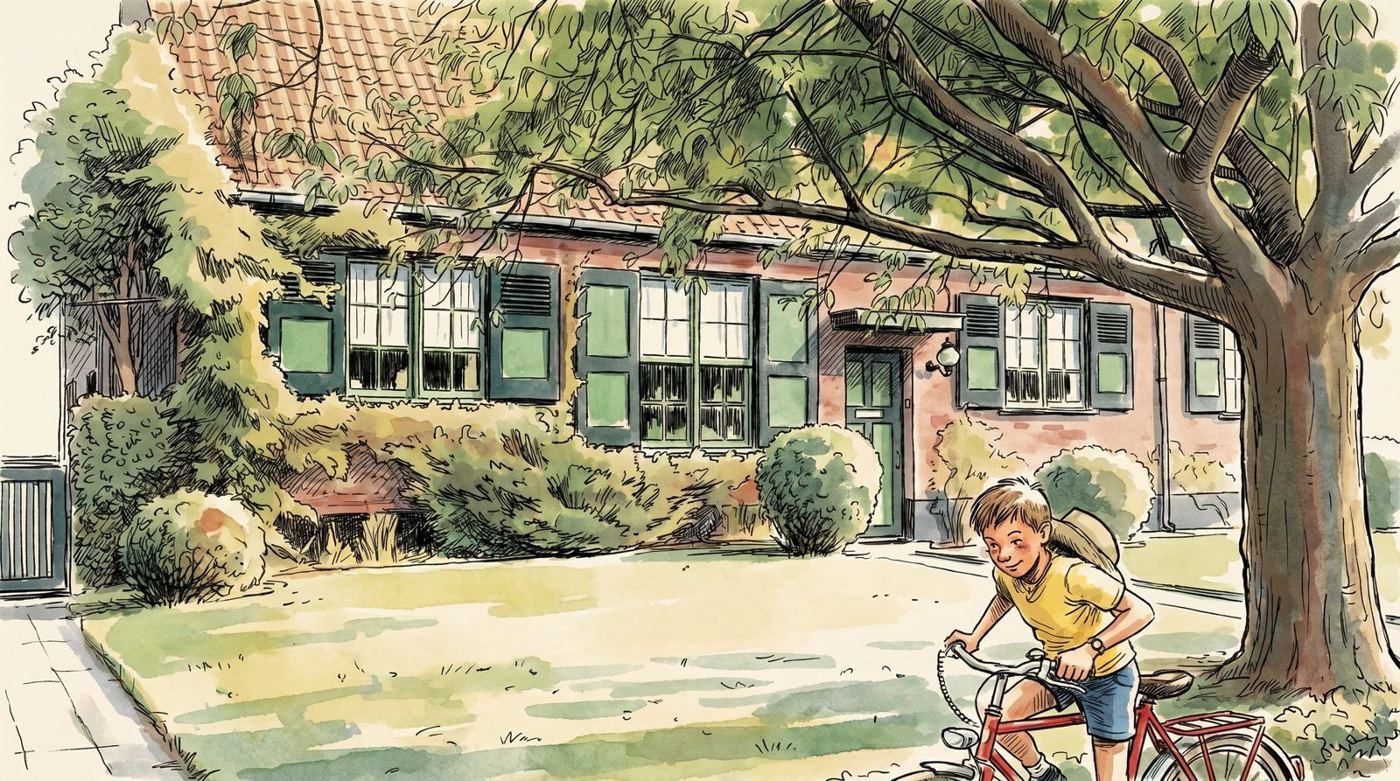 Illustration à la main d'un enfant à vélo devant une maison de famille — OXXO Studio
