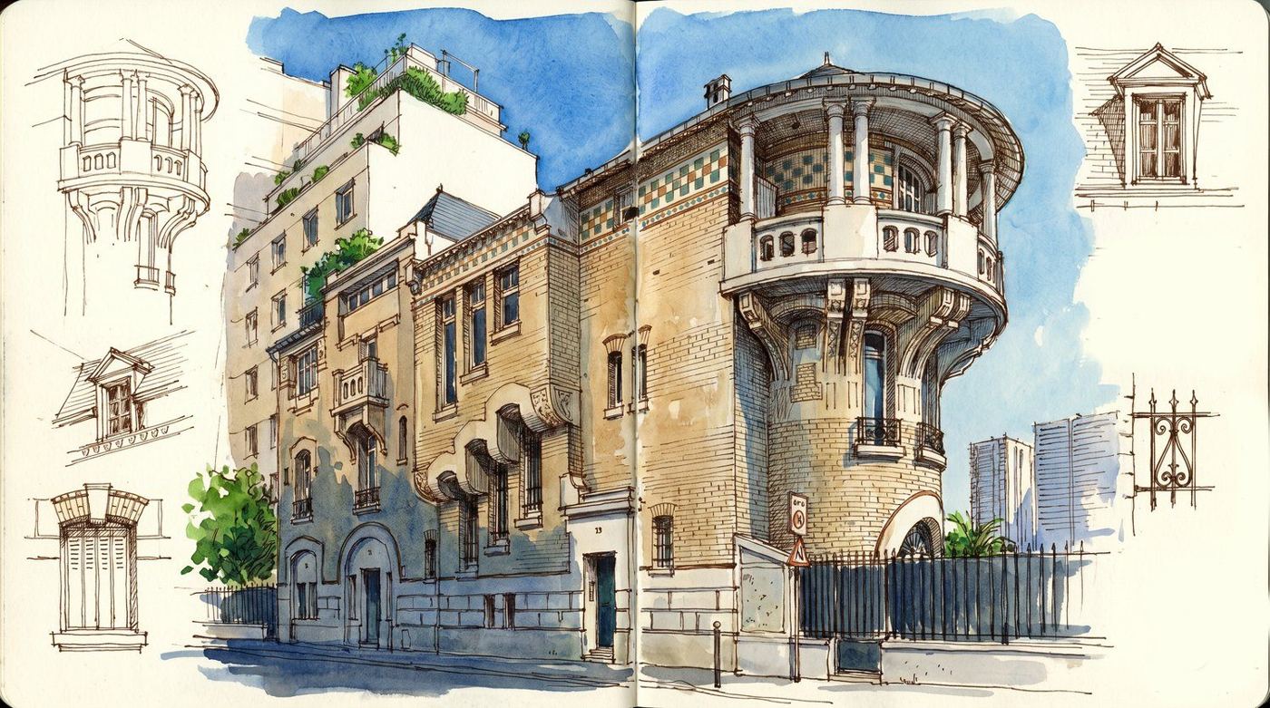 Croquis de la façade de l'Hôtel Nozal, brique et pierre — OXXO Studio