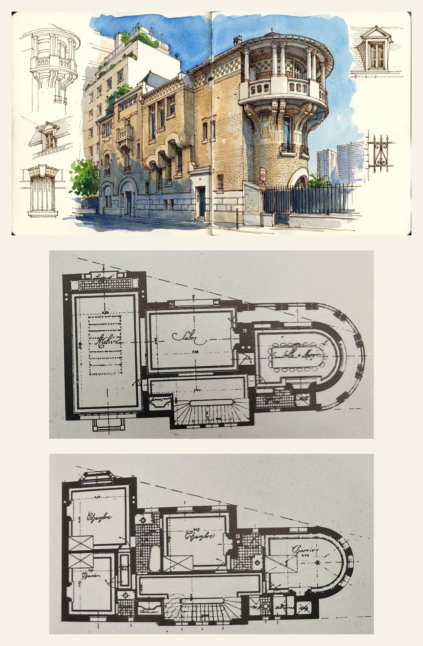 Planche complète de l'Hôtel Nozal : perspective et plans, à main levée — OXXO Studio