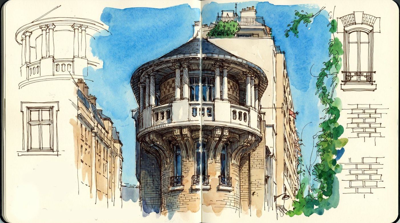 Croquis de la rotonde et de la loggia à colonnettes de l'Hôtel Nozal — OXXO Studio