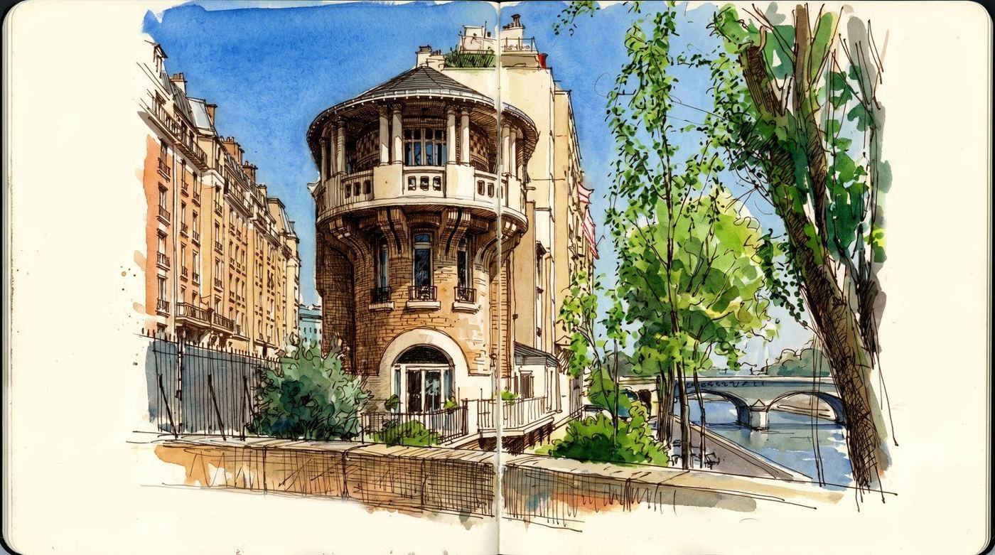 Croquis à main levée de l'Hôtel Nozal sur la Seine — OXXO Studio